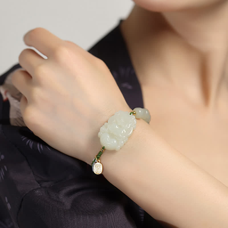 Wear FengShui 925 Sterling Silver Chinese Zodiac Hetian Jade Happiness Luck String Bracelet