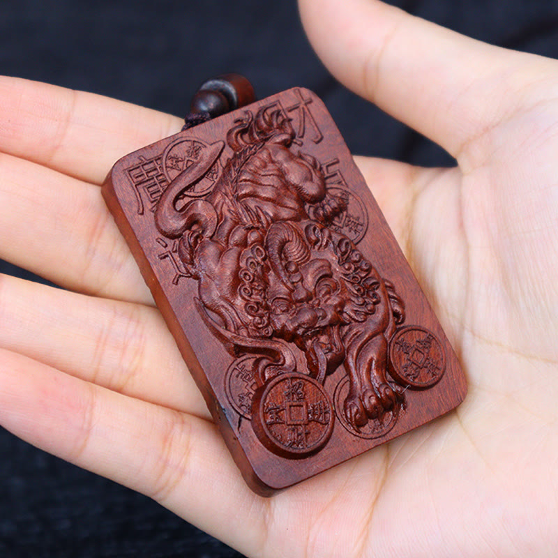 Wear FengShui Natural Lightning Struck Jujube Wood PiXiu Copper Coin Good Fortune Necklace Pendant