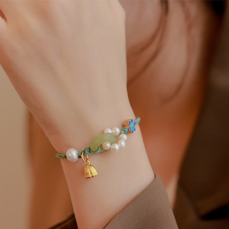 Wear FengShui Natural Hetian Jade Peace Buckle Pearl Luck Handcrafted Braided Bracelet