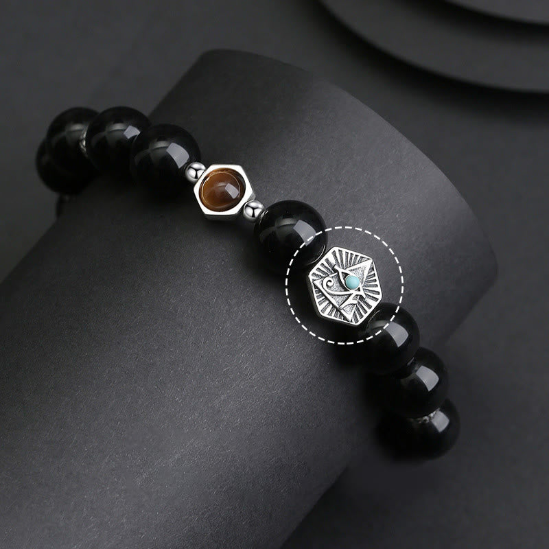 Wear FengShui 925 Sterling Silver Black Obsidian Tiger Eye Eye of Providence Purification Bracelet
