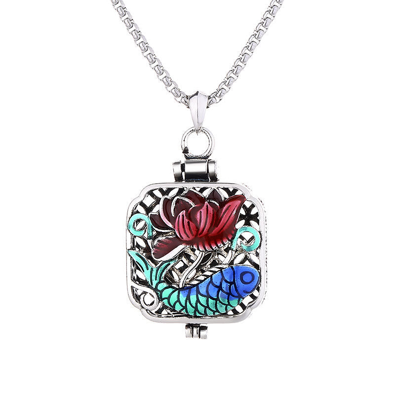 Wear FengShui Koi Fish Lotus Copper Coins Luck Ghau Prayer Box Necklace Pendant