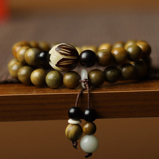 Wear FengShui Green Sandalwood Bodhi Seed Lotus Soothing Double Wrap Bracelet