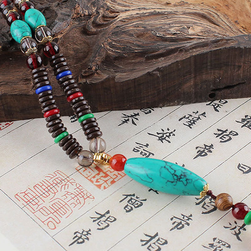 Wear FengShui Wenge Wood Turquoise Stone Protection Calm Necklace Pendant