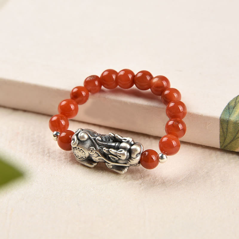 Wear FengShui 925 Sterling Silver Natural Garnet Moonstone Red Agate PiXiu Wealth Ring