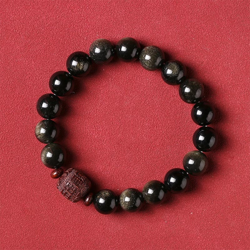 Wear FengShui Natural Gold Sheen Obsidian Rainbow Obsidian Om Mani Padme Hum Fu Character Healing Bracelet