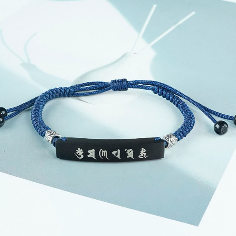 Wear FengShui Buddhism Six True Words Wood Ebony Wood Silver Inlaid Protection Bracelet