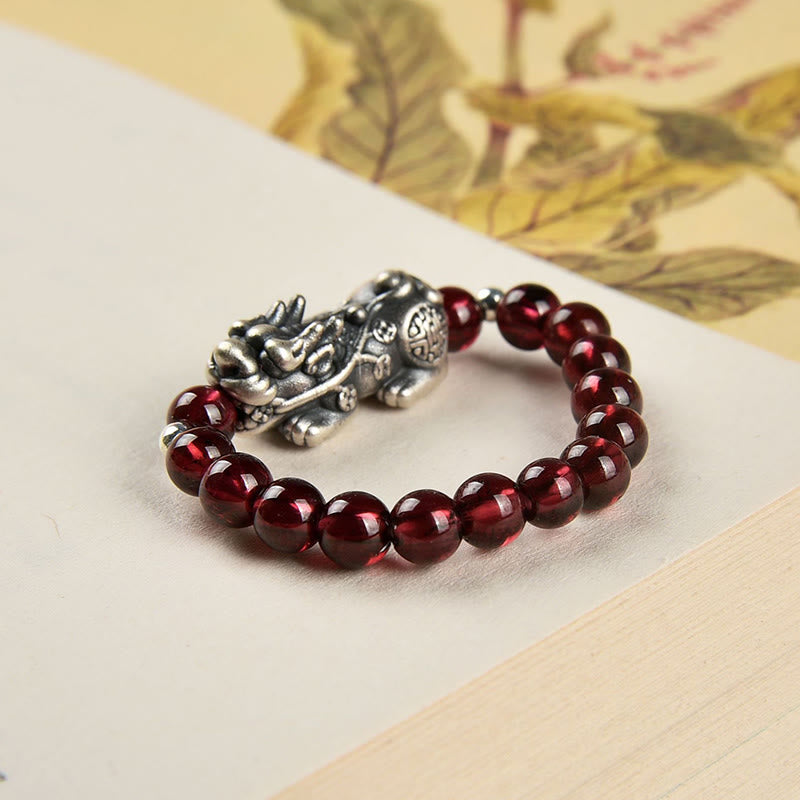 Wear FengShui 925 Sterling Silver Natural Garnet Moonstone Red Agate PiXiu Wealth Ring