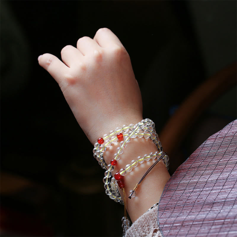 Wear FengShui 108 Mala Beads 925 Sterling Silver Natural White Agate Red Agate Quadruple Wrap Protection Bracelet