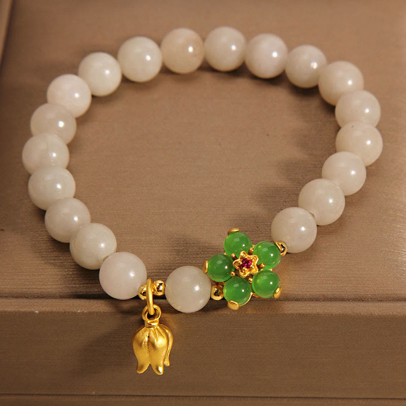 Wear FengShui Natural Jade Green Flower Lily Of The Valley Luck Bracelet
