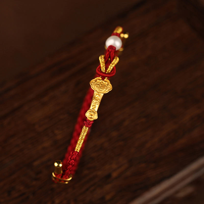 Wear FengShui 24K Gold Wish Ruyi Handle Fu Character Rabbit Pearl Luck Braided Bracelet