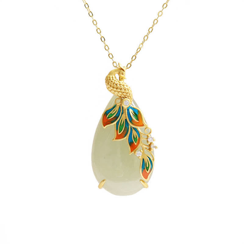 Wear FengShui White Jade Peacock Protection Necklace Chain Pendant