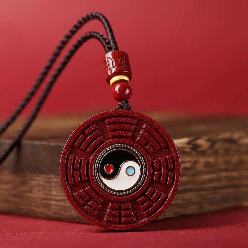 Wear FengShui Natural Cinnabar Bagua Rotatable Yin Yang Keep Away Evil Spirits Necklace Pendant