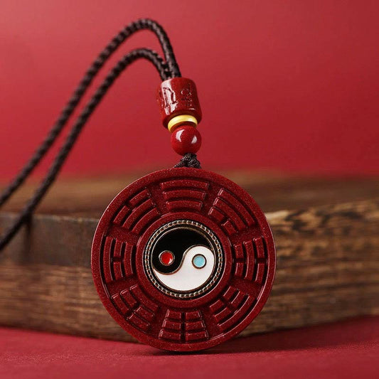Wear FengShui Natural Cinnabar Bagua Rotatable Yin Yang Keep Away Evil Spirits Necklace Pendant