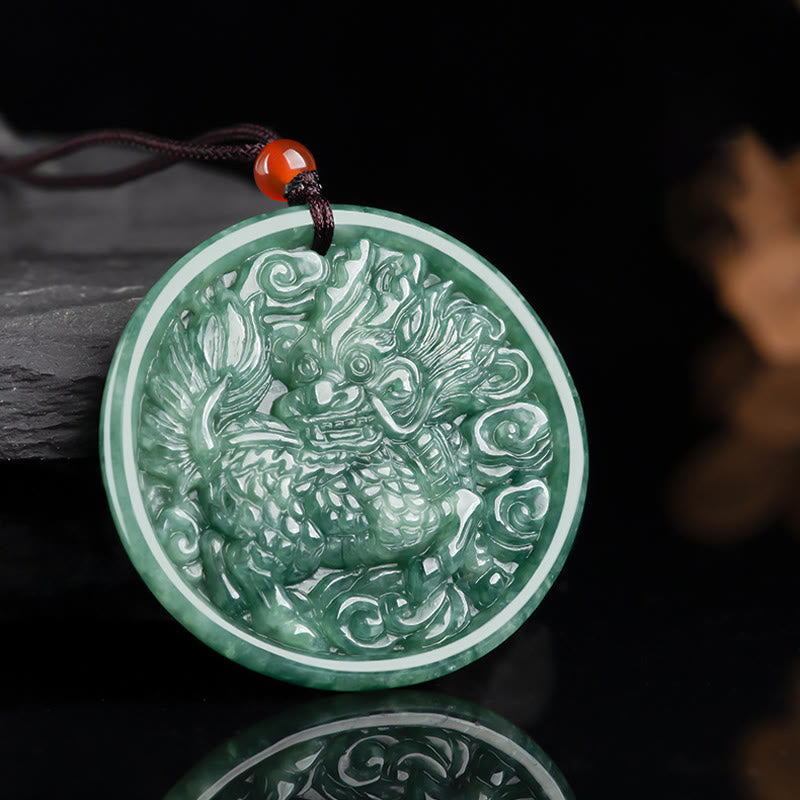 Wear FengShui Natural Jade Kirin Abundance String Necklace Pendant