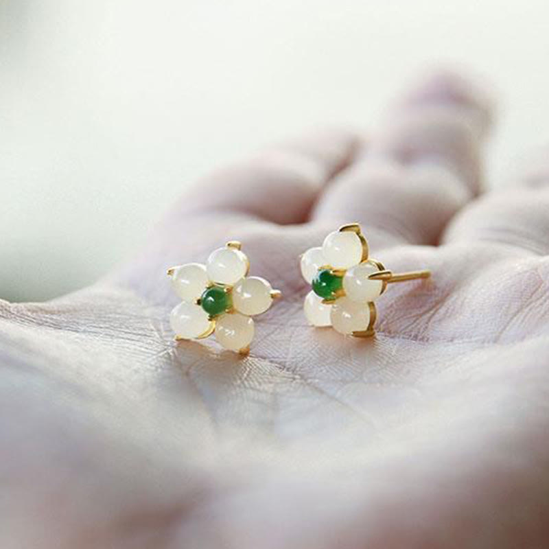 Wear FengShui White Jade Flower Luck Blessing Stud Earrings