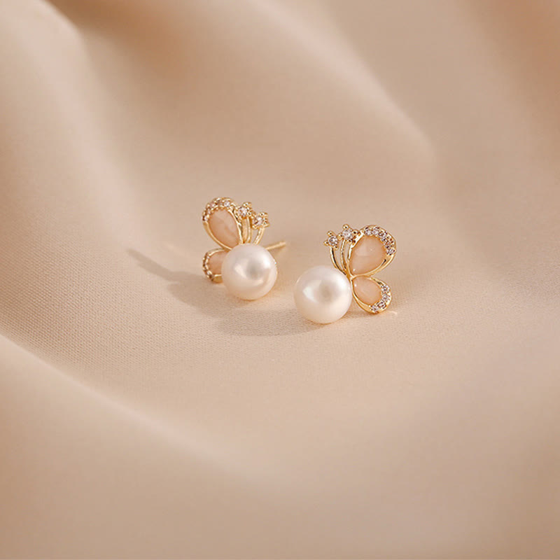 Wear FengShui 18k Gold Plated Pearl Butterfly Love Freedom Stud Earrings