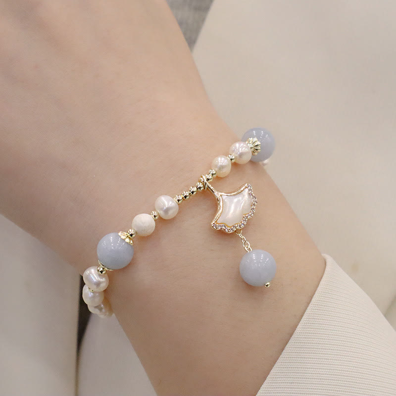 Wear FengShui Natural Aquamarine Pearl Healing Ginkgo Leaf Butterfly Charm Bracelet