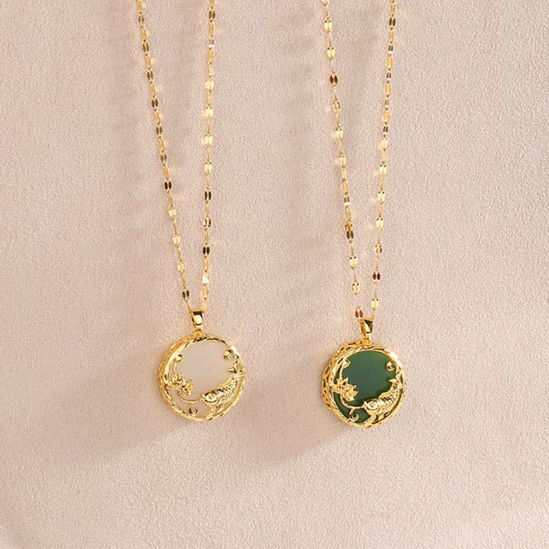 Wear FengShui Natural Jade Koi Fish Lotus Luck Necklace Pendant
