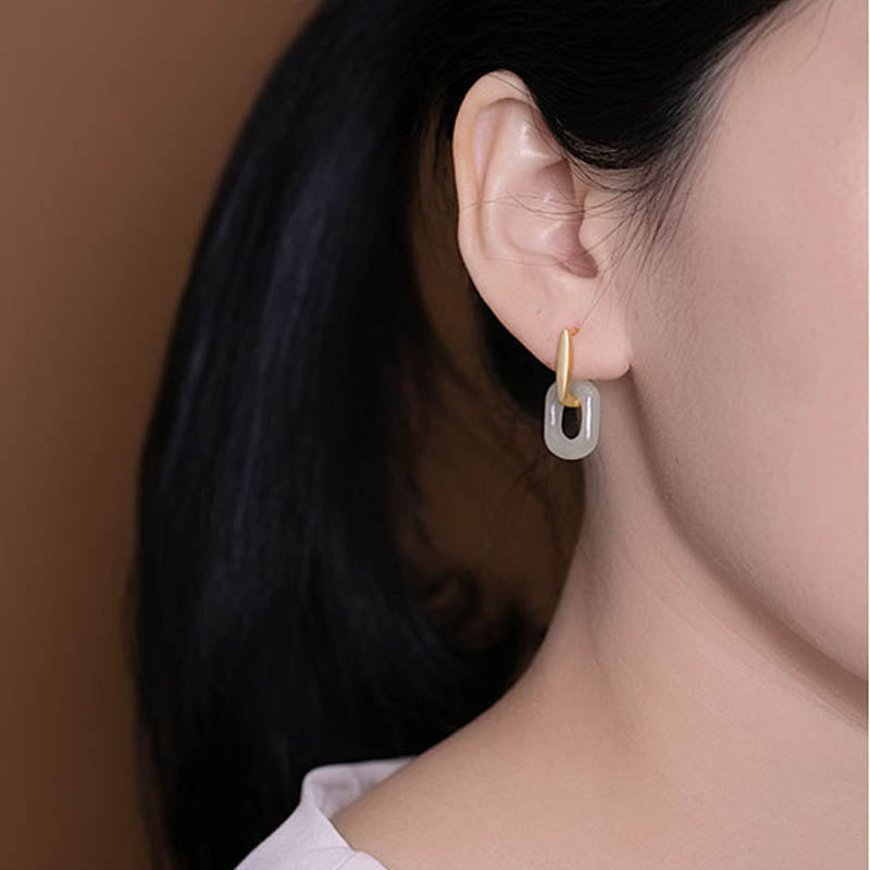 Wear FengShui 925 Sterling Silver Round White Jade Happiness Blessing Earrings
