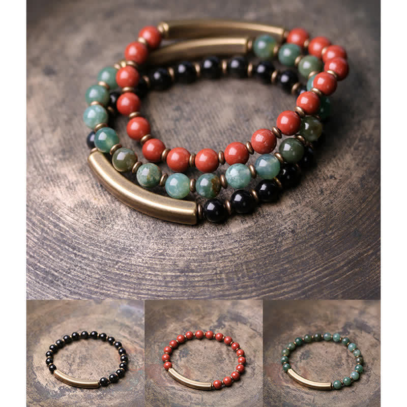 Wear FengShui Red Jasper Moss Agate Black Obsidian Crystal Copper Peace Couple Bracelet