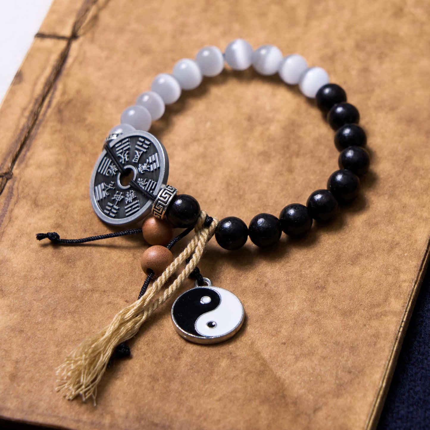 Wear FengShui Cat's Eye Ebony Wood Yin Yang Bagua Coin Support Rope Bracelet