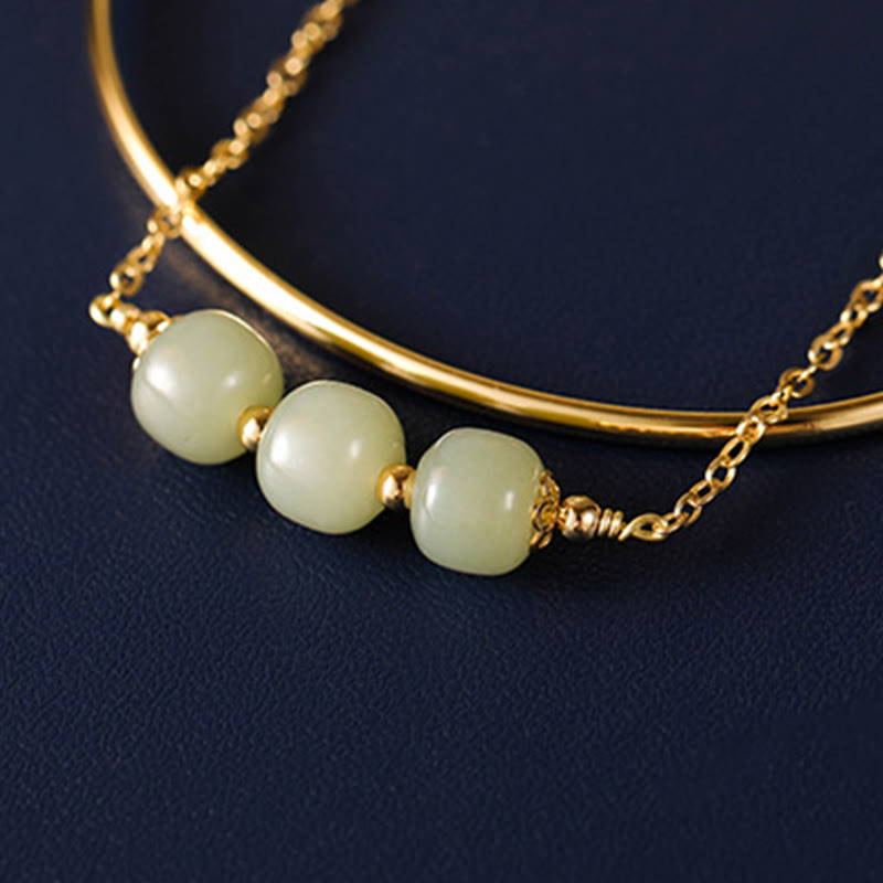 Wear FengShui Copper Plated Gold Hetian Jade Bead Luck Double Layer Bracelet Bangle