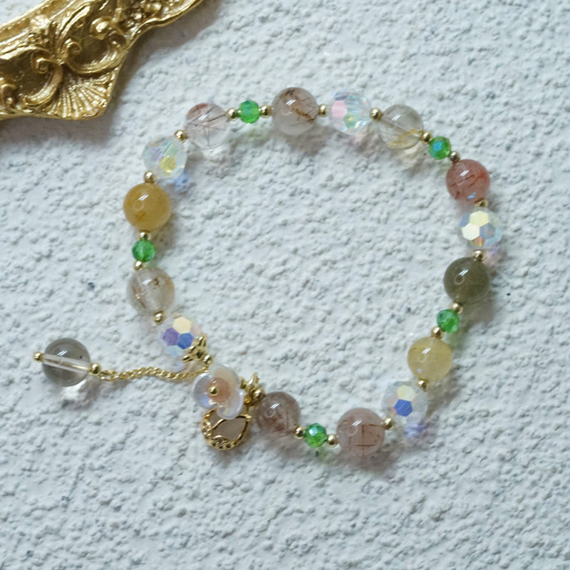 Wear FengShui Strawberry Quartz Rutilated Quartz Fluorite Flower Healing Bracelet