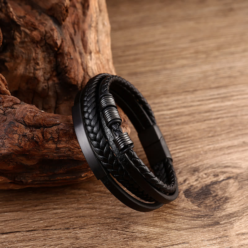 Wear FengShui Leather Multi-Layer Titanium Steel Balance Braided Magnetic Buckle Bracelet