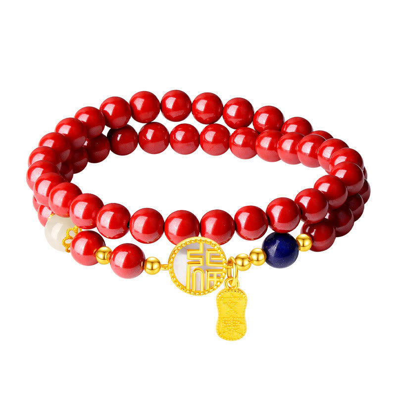 Wear FengShui 925 Sterling Silver Cinnabar Tridacna Stone Fu Character Double Wrap Blessing Bracelet