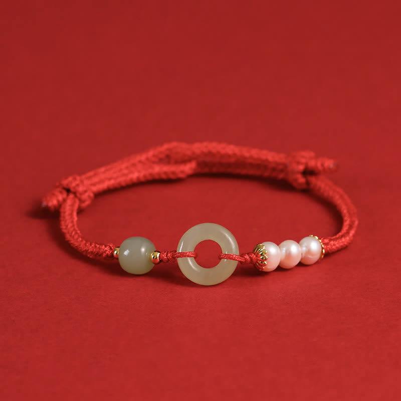 Wear FengShui Natural Hetian Jade Pearl Peace Buckle Luck Bracelet