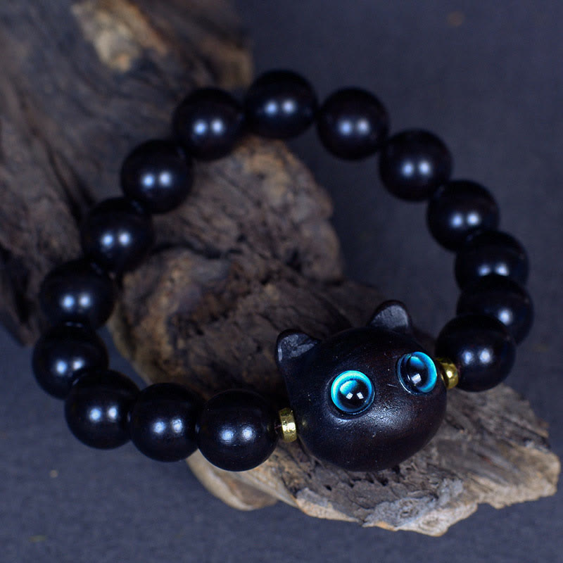 Wear FengShui Ebony Wood Liuli Glass Lovely Cat Peace Balance Bracelet