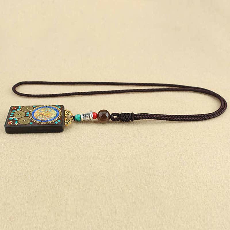 Wear FengShui Tibet God of Wealth Thangka Ebony Peace Necklace Pendant