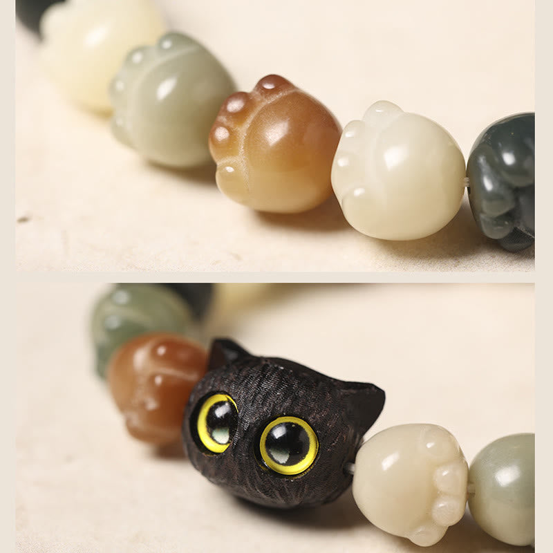 Wear FengShui Natural Bodhi Seed Lovely Paw Ebony Wood Lucky Cat Wisdom Bracelet