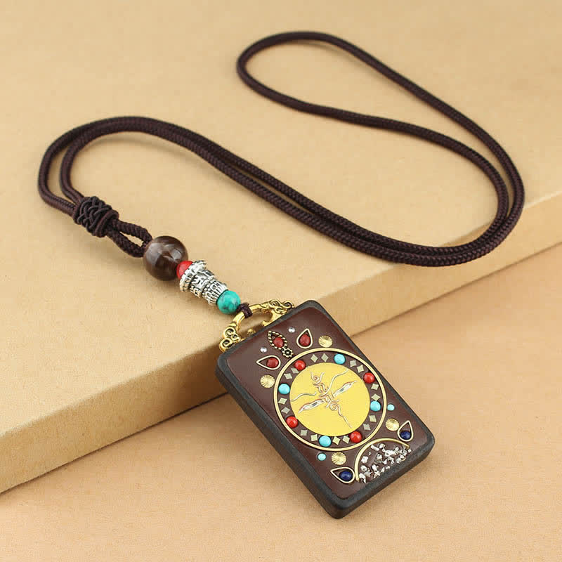 Wear FengShui Tibet God of Wealth Thangka Ebony Peace Necklace Pendant