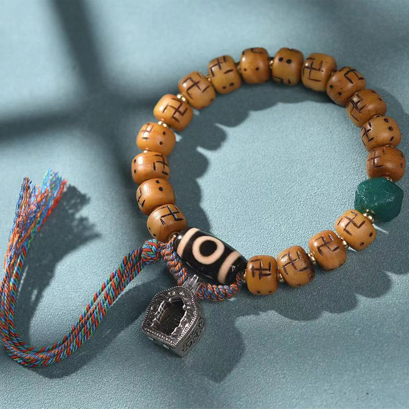Wear FengShui Natural Tibetan Camel Bone Swastika Dzi Bead Shankha Buddha Charm Kirtimukha Luck Protection Tassel Bracelet