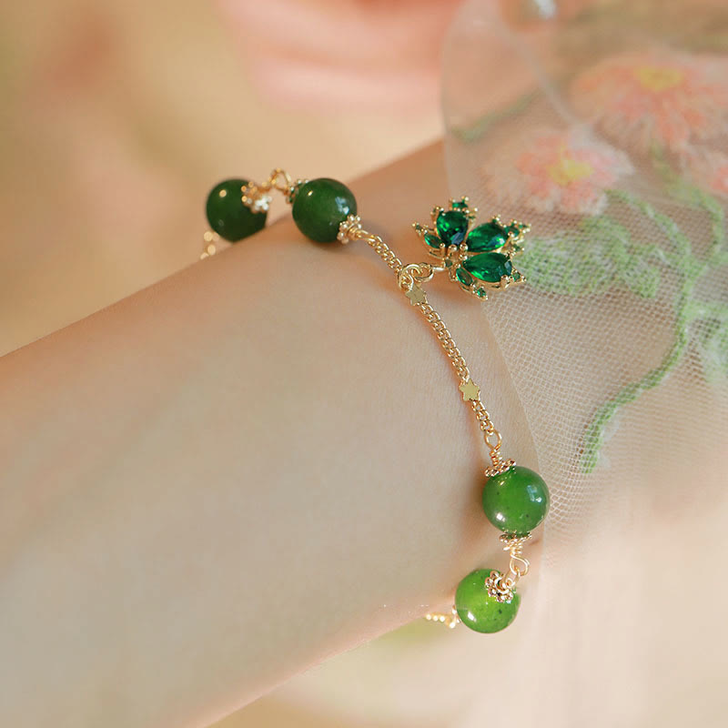 Wear FengShui 14k Gold Plated Green Chalcedony Maple Leaf Courage Strength Bracelet