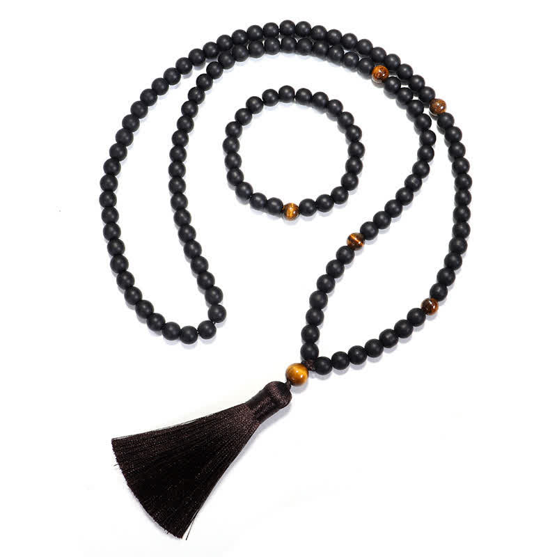 Wear FengShui 108 Mala Beads Frosted Stone Tiger Eye Balance Bracelet Necklace Pendant