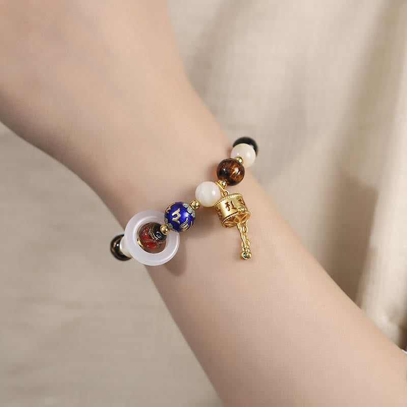 Wear FengShui Tibetan Incense Ash Liuli Glass Tridacna Stone Sun Stone Om Mani Padme Hum Prayer Wheel Charm Bracelet