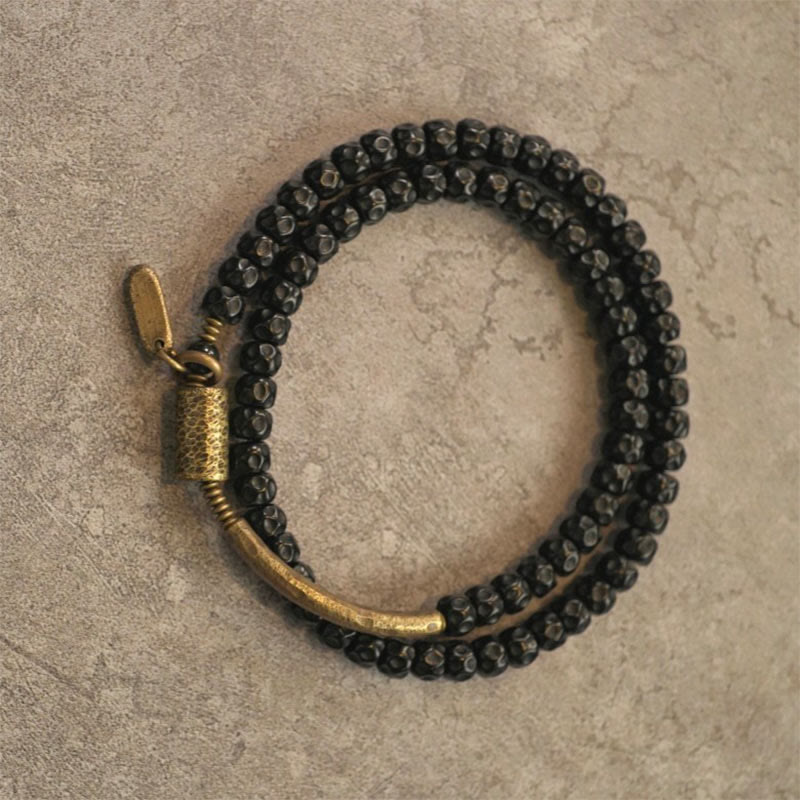 Wear FengShui Retro Coconut Shell Brass Copper Happiness Triple Wrap Bracelet