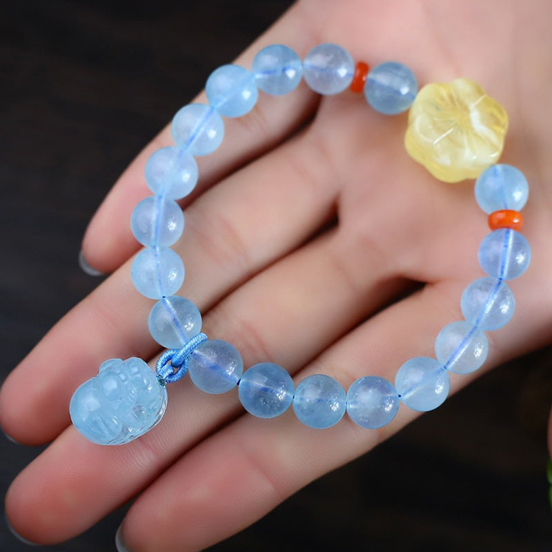 Wear FengShui Natural Aquamarine Amber Pixiu Peace Healing Charm Bracelet