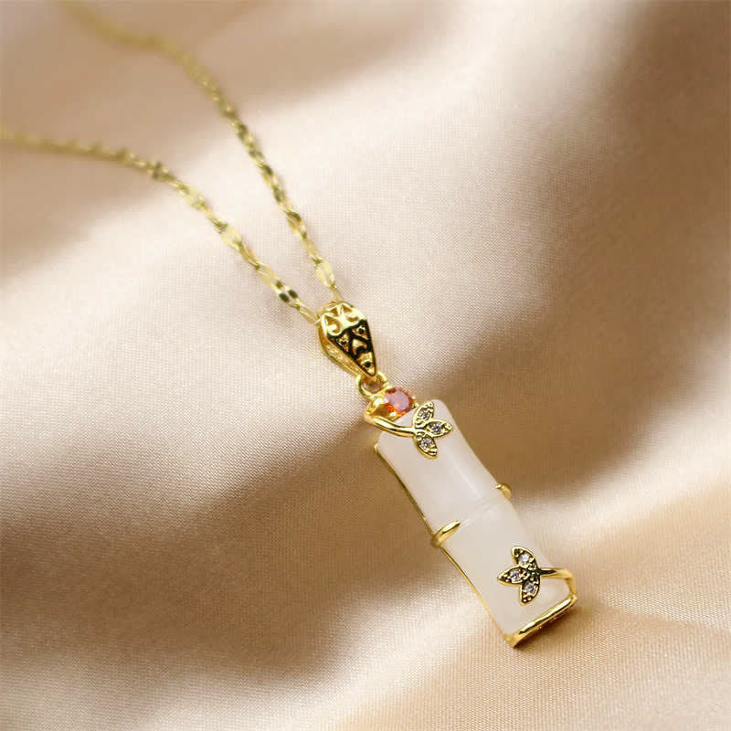 Wear FengShui White Jade Cyan Jade Bamboo Luck Protection Necklace Pendant