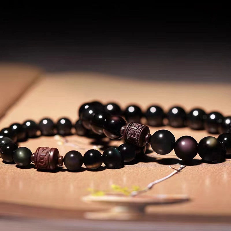 Wear FengShui Natural Gold Sheen Obsidian Rainbow Obsidian Om Mani Padme Hum Fu Character Healing Bracelet
