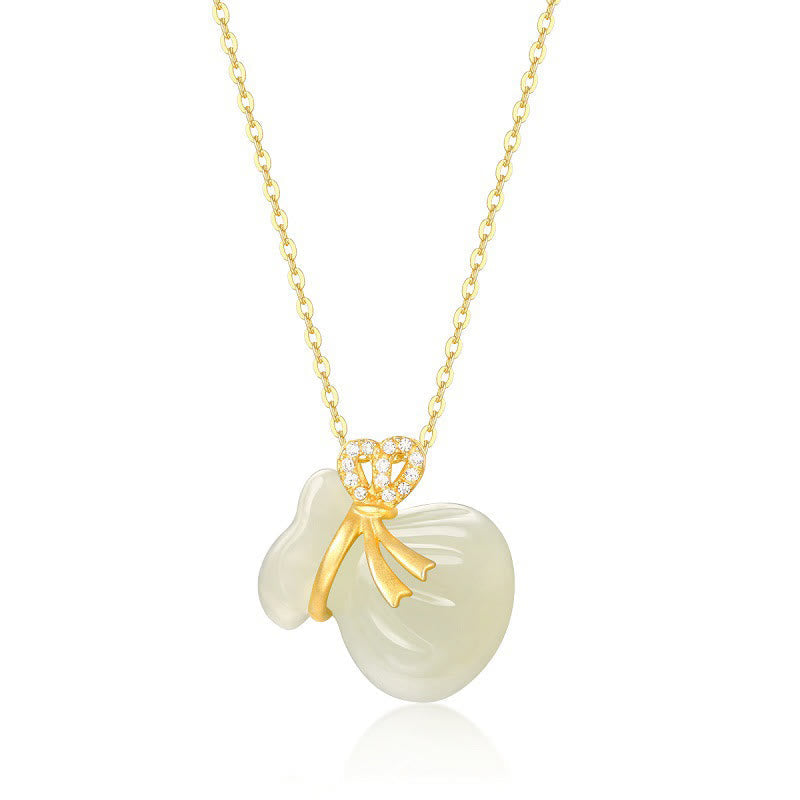 Wear FengShui Natural Hetian White Jade Luck Money Bag Necklace Pendant