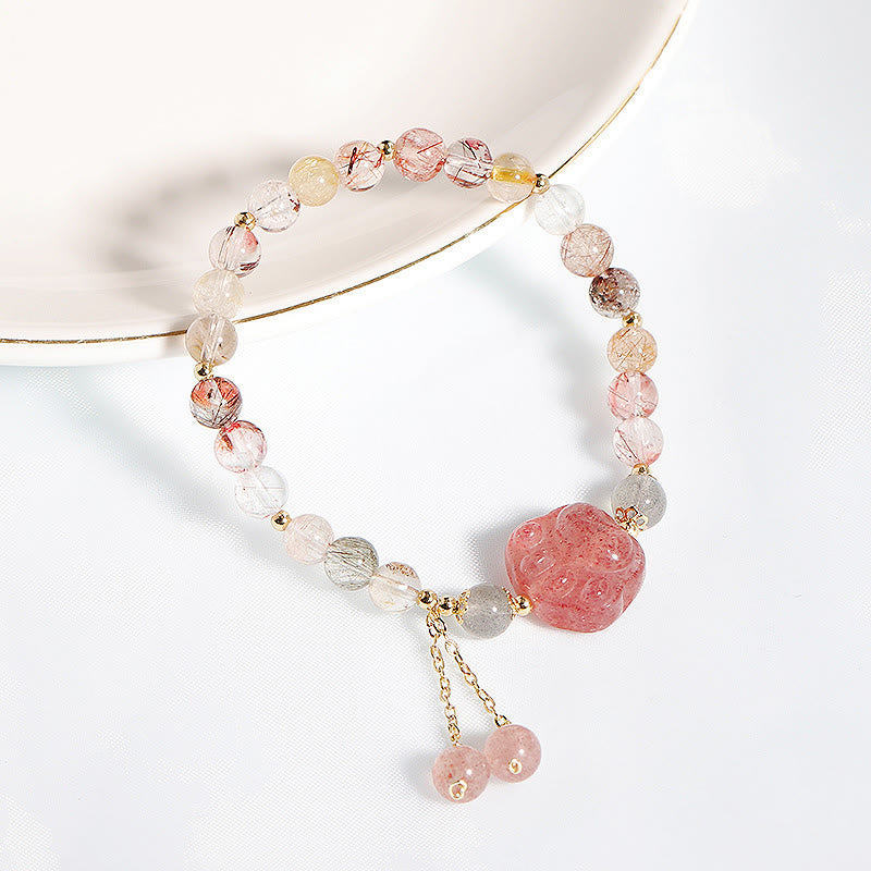 Wear FengShui Natural Strawberry Quartz Cat Paw Claw Colorful Rutilated Quartz Moonstone Love Bracelet