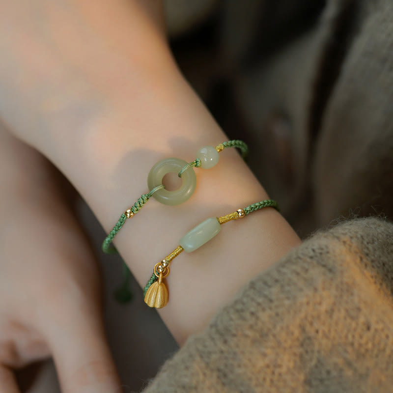 Wear FengShui Lotus Jade Peace Buckle Bead Luck Happiness Charm String Bracelet