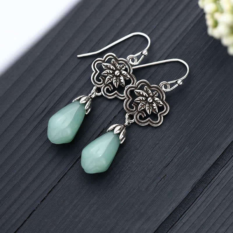 Wear FengShui Magnolia Flower Jade Water Drop Prosperity Dangle Earrings
