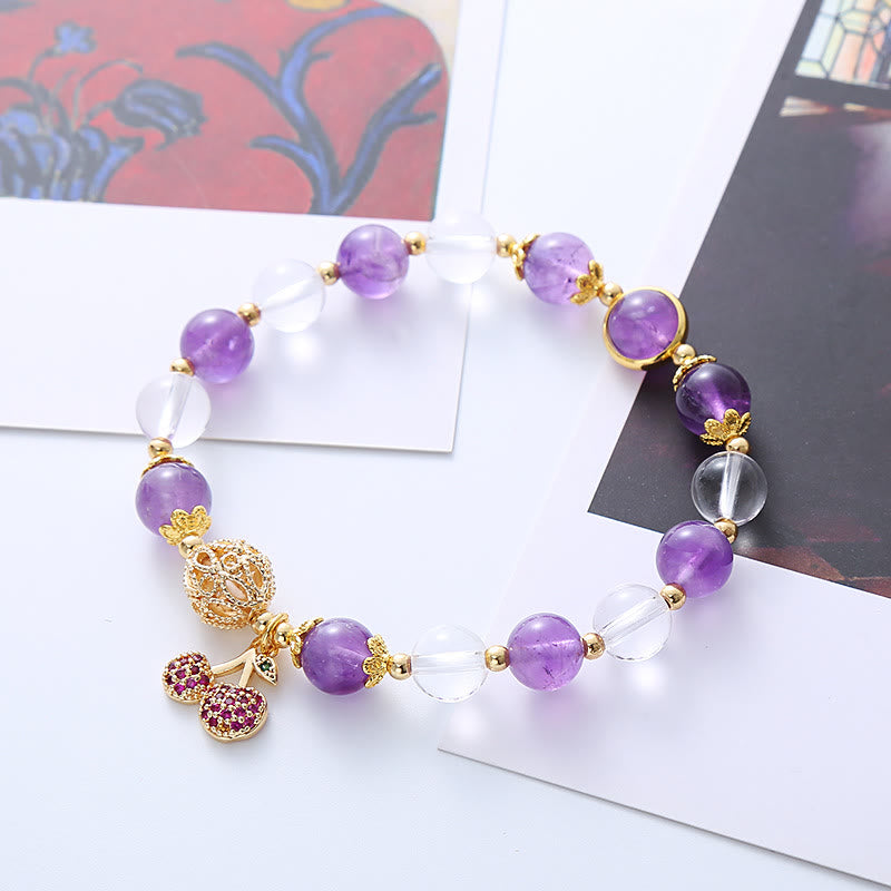 Wear FengShui Natural Amethyst White Crystal Positive Cherry Charm Bracelet