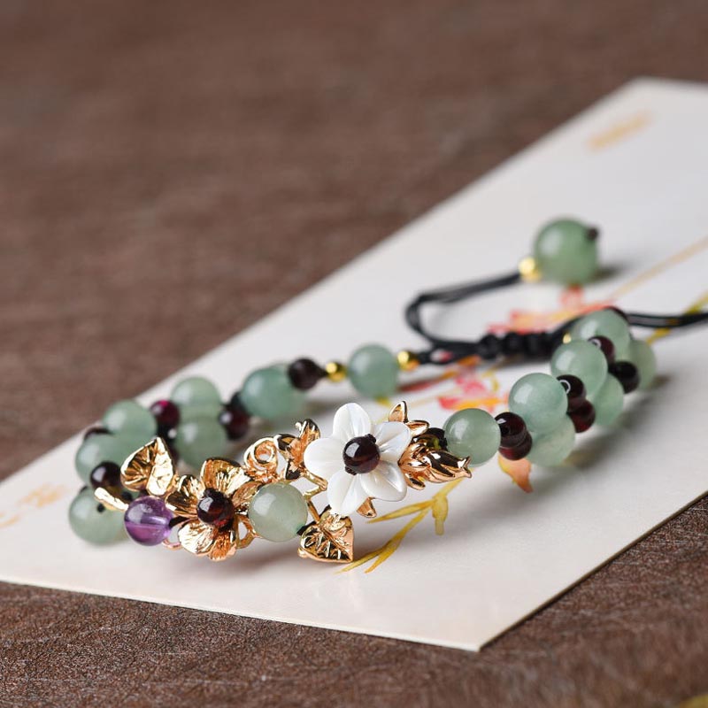 Wear FengShui Green Aventurine Garnet Bead Flower Petal Luck Bracelet