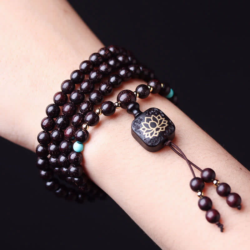 Wear FengShui 108 Mala Beads Tibetan Small Leaf Red Sandalwood Lotus Balance Bracelet