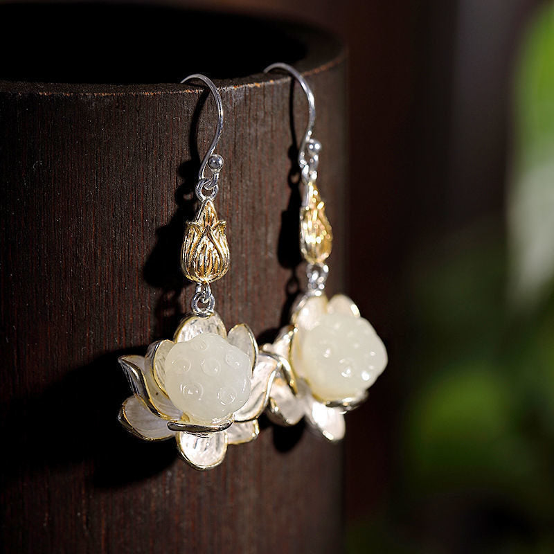 Wear FengShui White Jade Protection Harmony Drop Earrings